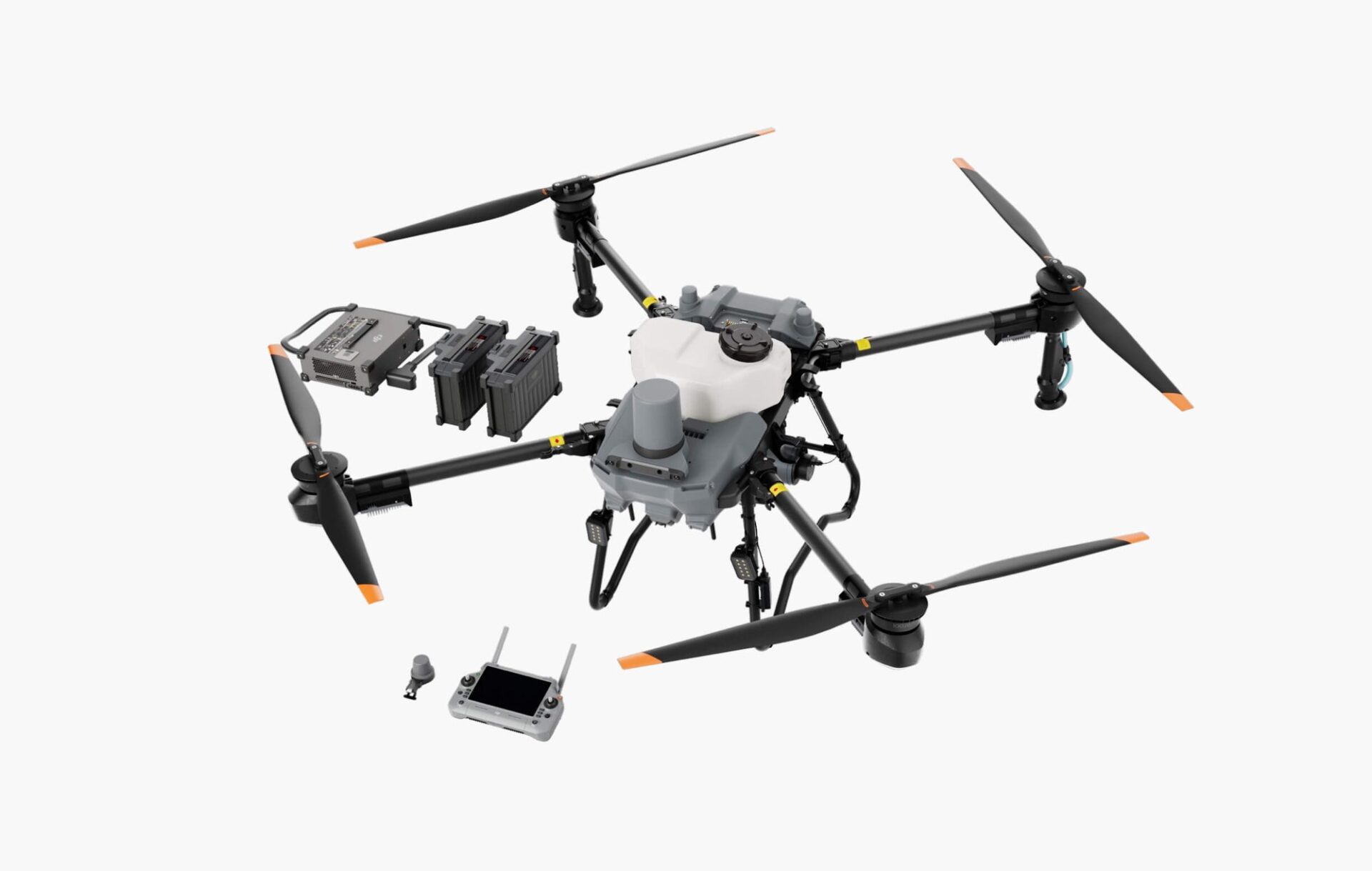 Dron z aparaturą DJI Agras T25P z aparaturą sterującą i akumulatorem