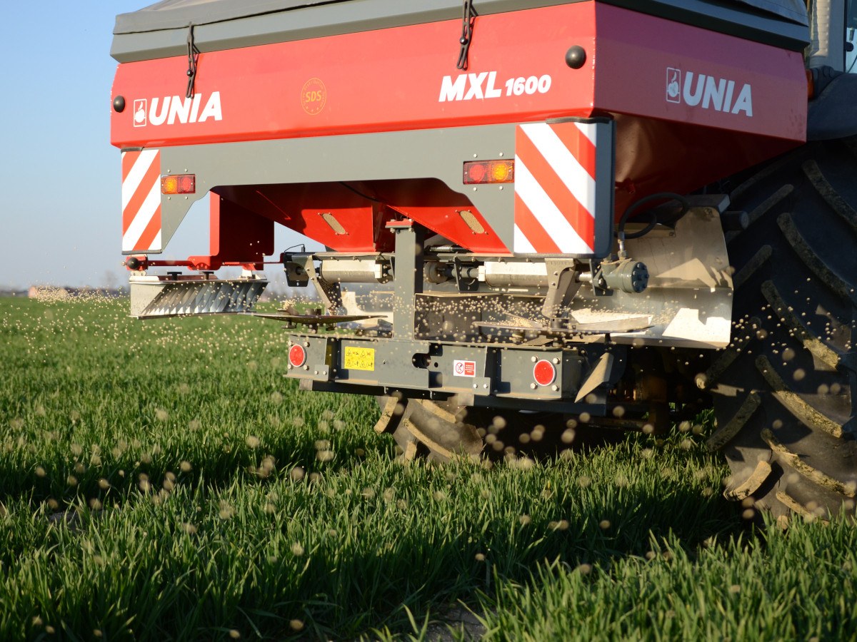 Tarcze wysiewające Tarcze wysiewające rozsiewacza UNIA MXL 1600 podczas pracy