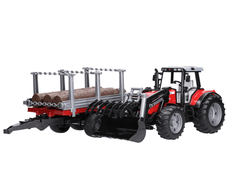 Traktor Massey Ferguson 7480 z ładowaczem czołowym oraz przyczepą do drzewa 02046 – ZESTAW – BRUDER