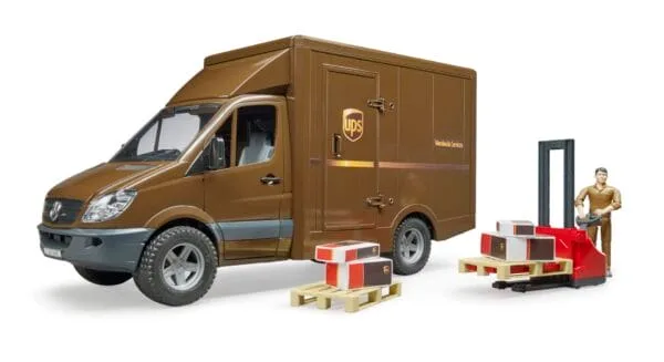 Samochód dostawczy - Mercedes Sprinter UPS z figurką, podnośnikiem i z akcesoriami spedycyjnymi - 02538 - BRUDER
