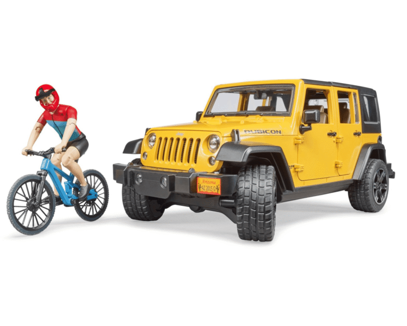 Auto – Jeep Wrangler Unlimited Rubicon z rowerem górskim i figurką  kolarza  – 02543 – BRUDER