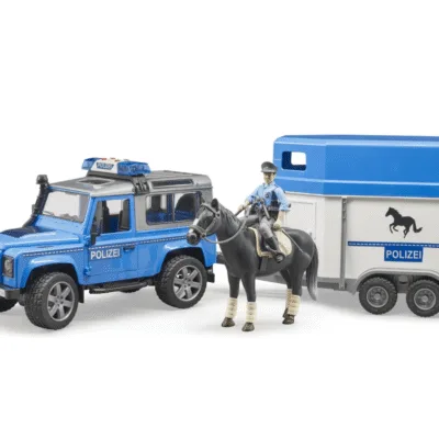 Zabawka samochód - Auto Land Rover Defender - Policja z przyczepą dla konia z figurką konia i policjanta - ZESTAW - 02588 - BRUDER
