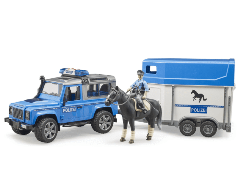 Auto Land Rover Defender – Policja z przyczepą dla konia z figurką konia i policjanta – ZESTAW – 02588 – BRUDER