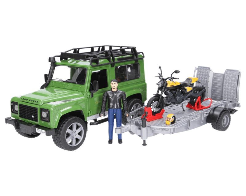Auto Land Rover Defender – z przyczepą z motocyklem Ducati i figurką motocyklisty – ZESTAW – 02589 – BRUDER