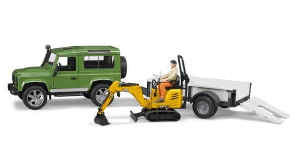 Auto Land Rover Defender - z przyczepą 1 os. mikrokoparką JCB i figurką pracownika budowlanego - ZESTAW - 02593 - BRUDER 2