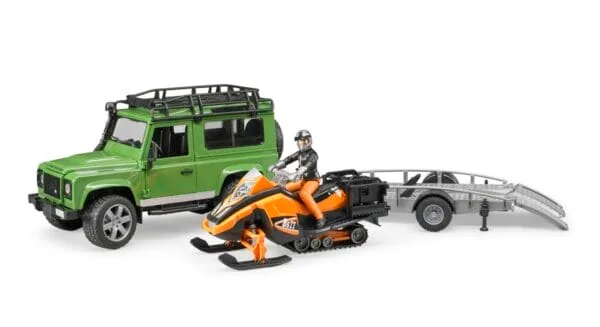Auto Land Rover Defender - z lawetą, skuterem śnieżnym i figurką - ZESTAW - 02594 - BRUDER