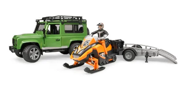Auto Land Rover Defender - z lawetą, skuterem śnieżnym i figurką - ZESTAW - 02594 - BRUDER