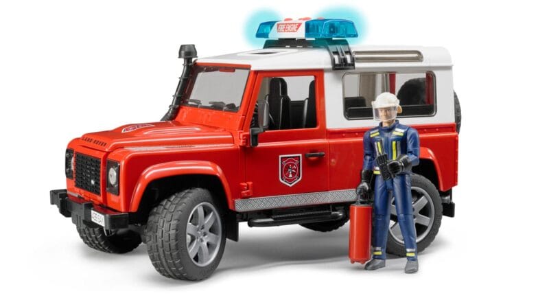 Auto Land Rover Defender – Straż pożarna z figurką strażaka i modułem – 02596 – BRUDER