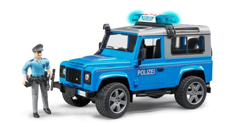 Auto Land Rover Defender – policyjny niebiesko srebrny z figurką policjanta i modułem – 02597 – BRUDER