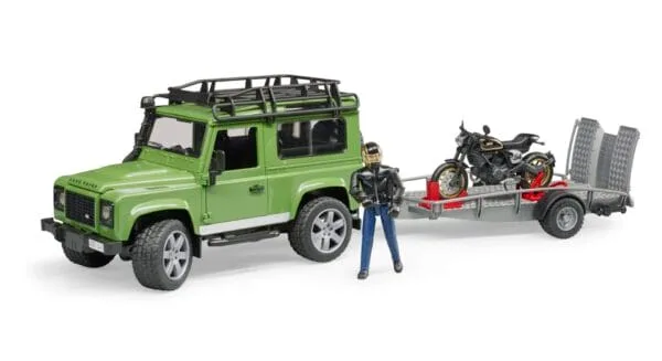 Auto Land Rover Defender - z przyczepą Scrambler Ducati Cafe - ZESTAW - 02598 - BRUDER