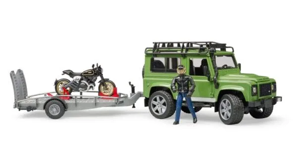 Auto Land Rover Defender - z przyczepą Scrambler Ducati Cafe - ZESTAW - 02598 - BRUDER