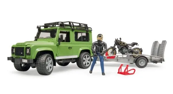 Auto Land Rover Defender - z przyczepą Scrambler Ducati Cafe - ZESTAW - 02598 - BRUDER