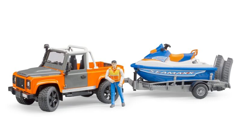 Auto Land Rover Defender – Pickup z przyczepą i skuterem wodnym – ZESTAW – 02599 – BRUDER