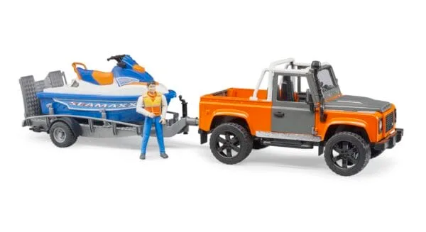 Auto Land Rover Defender - Pickup z przyczepą i skuterem wodnym - ZESTAW - 02599 - BRUDER