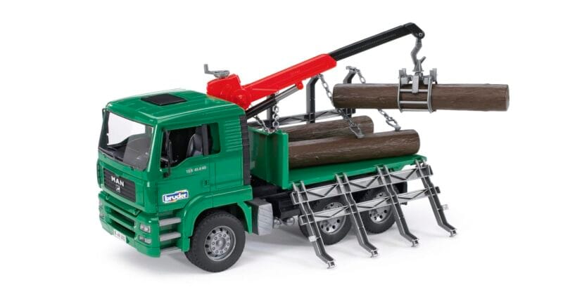 Ciężarówka MAN z żurawiem (HDS) i pniami – 02769 – BRUDER