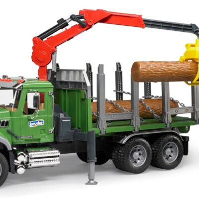 Ciężarówka MACK Granite z dźwigiem (HDS) przyczepą i pniami - 02824 - BRUDER