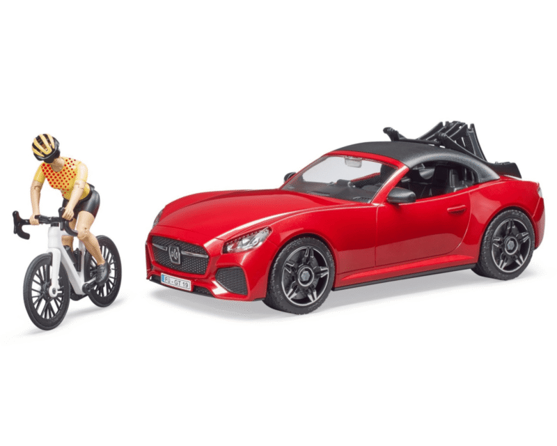 Auto Roadster czerwone z rowerem górskim i kolarką – 03485 – BRUDER