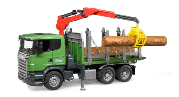 Ciężarówka Scania R z żurawiem (HDS) i pniami - 03524 - BRUDER