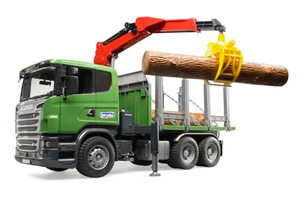 Ciężarówka Scania R z żurawiem (HDS) i pniami - 03524 - BRUDER