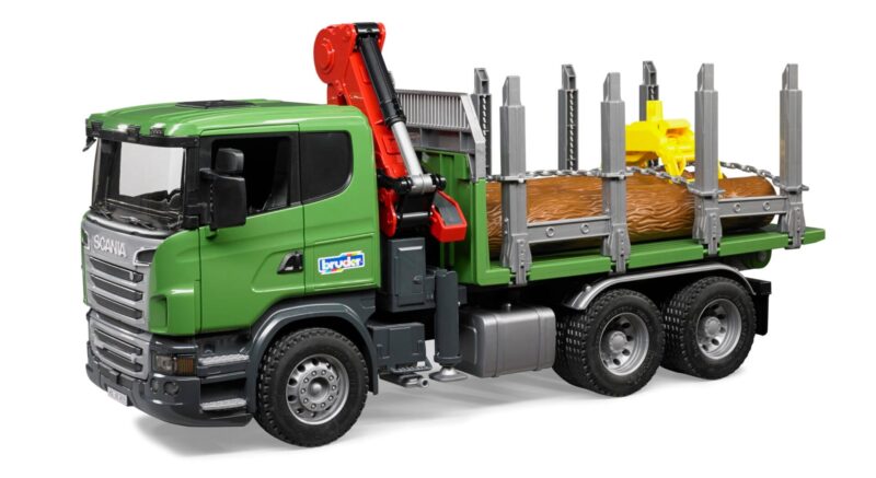 Ciężarówka Scania R z żurawiem (HDS) i pniami – 03524 – BRUDER