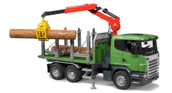 Ciężarówka Scania R z żurawiem (HDS) i pniami - 03524 - BRUDER