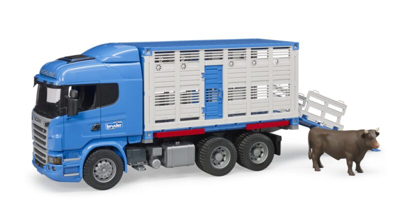 Ciężarówka do przewozu bydła SCANIA R (kontener) z figurką krowy – 03549 – BRUDER