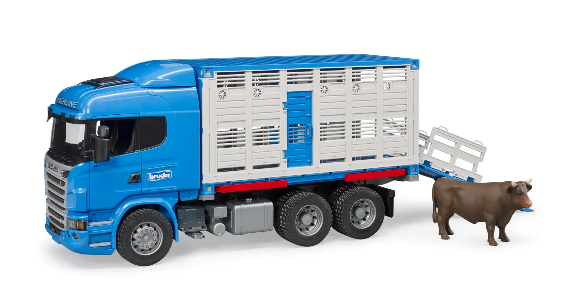 Ciężarówka do przewozu bydła SCANIA R (kontener) z figurką krowy - 03549 - BRUDER