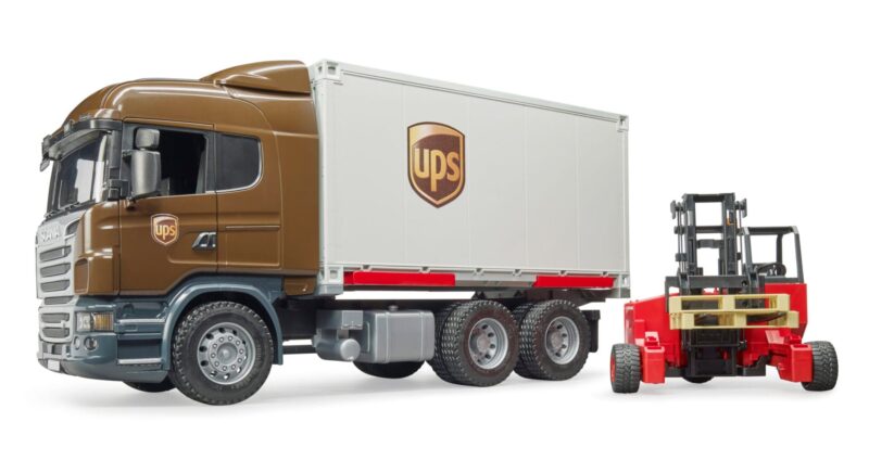 Ciężarówka kontener – Scania R kontener UPS z wózkiem widłowym i paletami 2szt. – 03581 – BRUDER