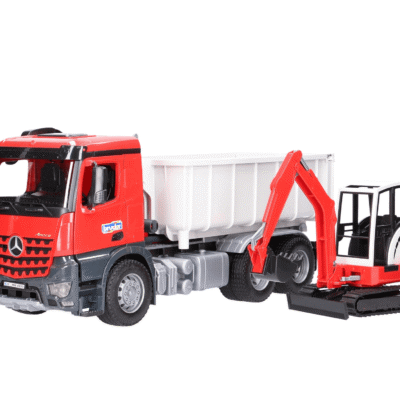 Ciężarówka Mercedes Arocs z kontenerem wysuwanym wraz z minikoparką Schaeff  HR16 - 03624 - BRUDER