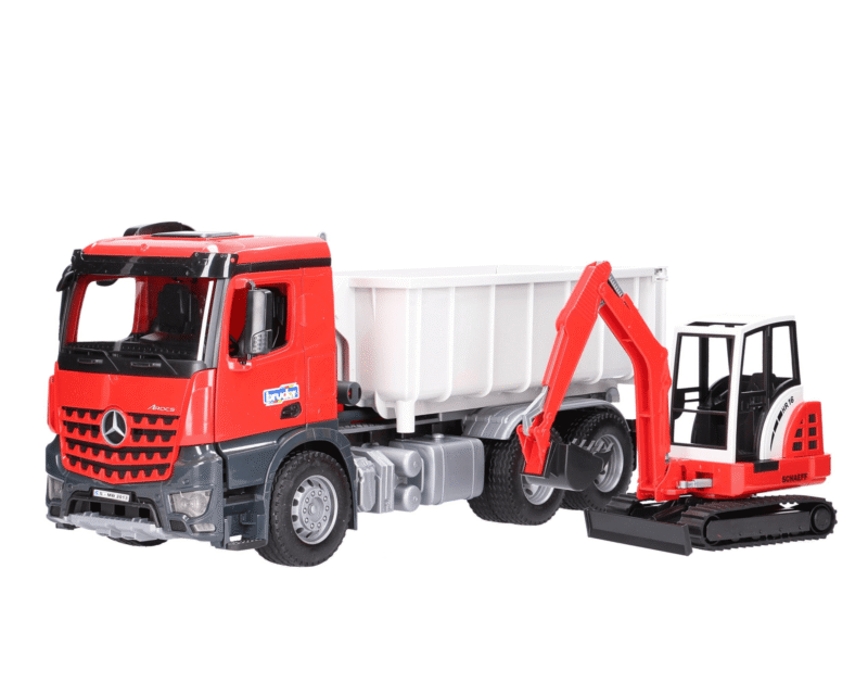 Ciężarówka Mercedes Arocs z kontenerem wysuwanym wraz z minikoparką Schaeff  HR16 – 03624 – BRUDER