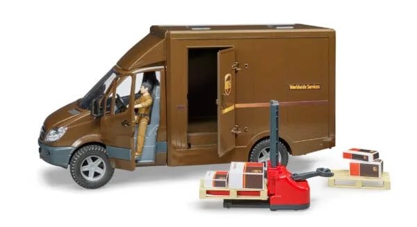 Samochód dostawczy - Mercedes Sprinter UPS z figurką, podnośnikiem i z akcesoriami spedycyjnymi - 02538 - BRUDER