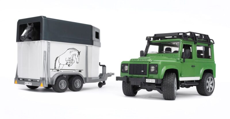 Auto Land Rover Defender – 02592 – z przyczepą dla konia i figurką konia – BRUDER