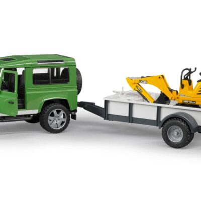 Auto Land Rover Defender - z przyczepą 1 os. mikrokoparką JCB i figurką pracownika budowlanego - ZESTAW - 02593 - BRUDER