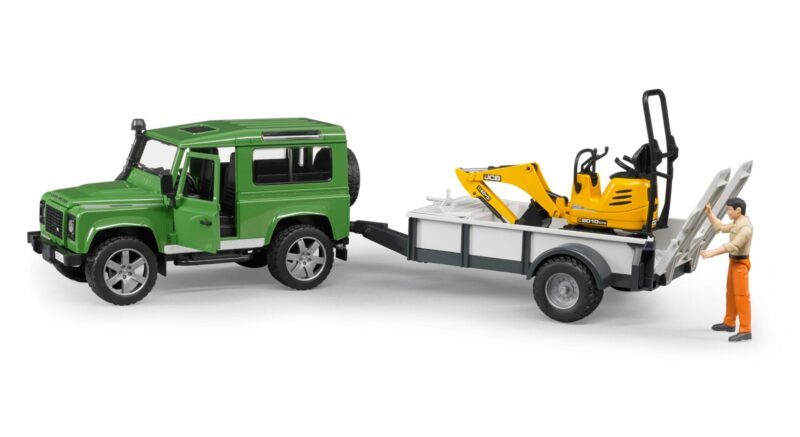 Auto Land Rover Defender – z przyczepą 1 os. mikrokoparką JCB i figurką pracownika budowlanego – ZESTAW – 02593 – BRUDER
