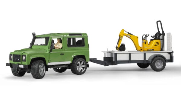 Auto Land Rover Defender - z przyczepą 1 os. mikrokoparką JCB i figurką pracownika budowlanego - ZESTAW - 02593 - BRUDER 4