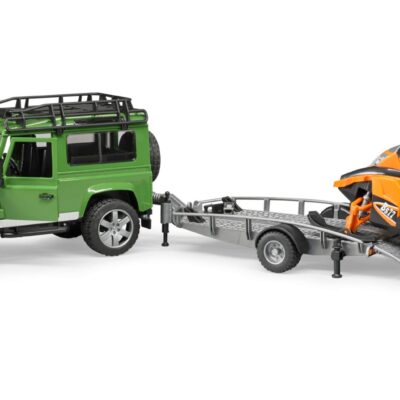 Auto Land Rover Defender - z lawetą, skuterem śnieżnym i figurką - ZESTAW - 02594 - BRUDER