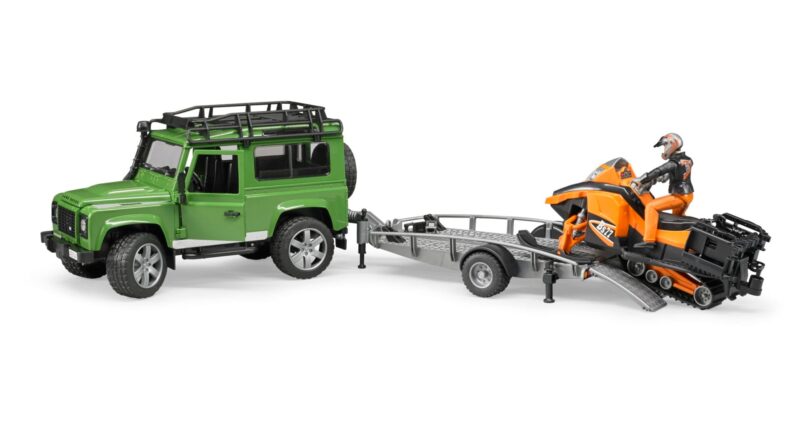 Auto Land Rover Defender – z lawetą, skuterem śnieżnym i figurką – ZESTAW – 02594 – BRUDER