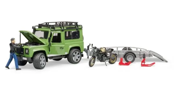 Auto Land Rover Defender - z przyczepą Scrambler Ducati Cafe - ZESTAW - 02598 - BRUDER