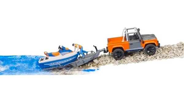 Auto Land Rover Defender - Pickup z przyczepą i skuterem wodnym - ZESTAW - 02599 - BRUDER