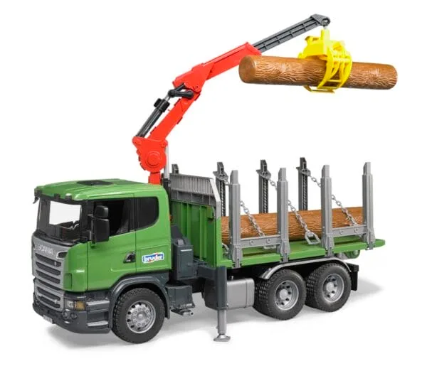 Ciężarówka Scania R z żurawiem (HDS) i pniami - 03524 - BRUDER