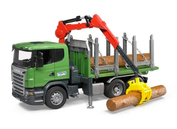 Ciężarówka Scania R z żurawiem (HDS) i pniami - 03524 - BRUDER