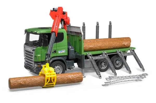 Ciężarówka Scania R z żurawiem (HDS) i pniami - 03524 - BRUDER