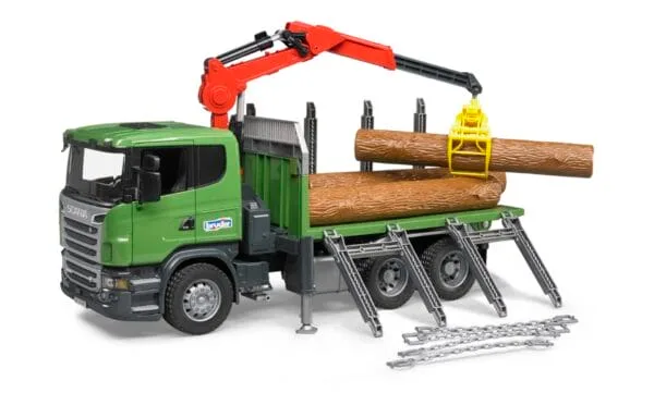 Ciężarówka Scania R z żurawiem (HDS) i pniami - 03524 - BRUDER