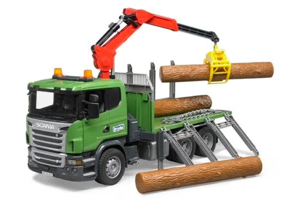 Ciężarówka Scania R z żurawiem (HDS) i pniami - 03524 - BRUDER