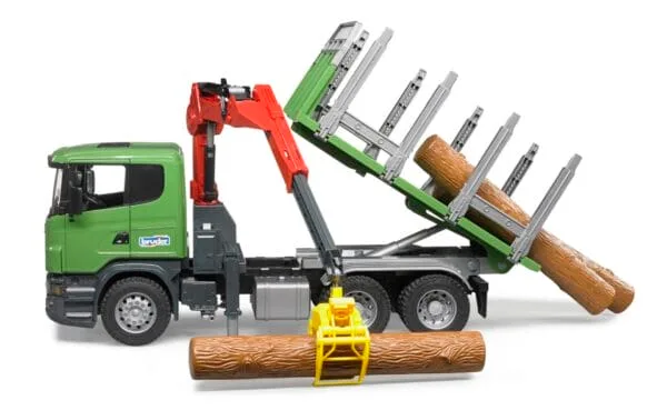Ciężarówka Scania R z żurawiem (HDS) i pniami - 03524 - BRUDER