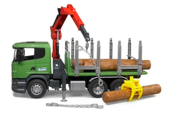 Ciężarówka Scania R z żurawiem (HDS) i pniami - 03524 - BRUDER