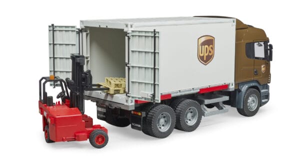 Ciężarówka kontener - Scania R kontener UPS z wózkiem widłowym i paletami 2szt. - 03581 - BRUDER 5