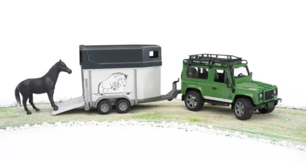 Auto Land Rover Defender - z przyczepą dla konia i figurką konia - ZESTAW - 02592 - BRUDER