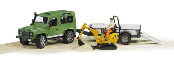 Auto Land Rover Defender - z przyczepą 1 os. mikrokoparką JCB i figurką pracownika budowlanego - ZESTAW - 02593 - BRUDER 5