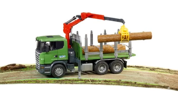 Ciężarówka Scania R z żurawiem (HDS) i pniami - 03524 - BRUDER